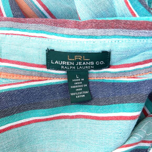 Vintage Ralph Lauren Women’s LRL Cotton Striped Button Down Shirt Large Teal - Picture 4 of 11